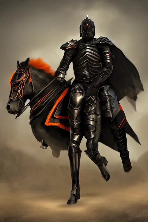 Image similar to a digital photograph of one african american knight in heavy black parmor with thin dull orange trim, wearing a black elegant cape flowing in the wind, the knight holds a black sword in one hand, riding a black horse with mechanized spiked armor, extremely detailed, extremely realistic, no bodily flaws, unreal engine, concept art, 8 k