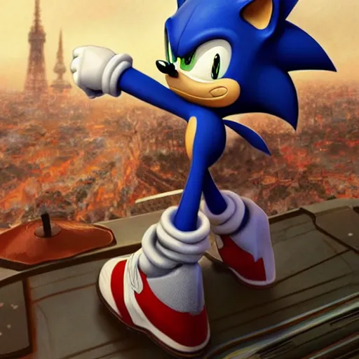 Image similar to [Sonic the hedgehog as the president of France as GTA character, propaganda, closeup, D&D, intricate, elegant, highly detailed, digital painting, artstation, concept art, matte, sharp focus, illustration, art by Artgerm and Greg Rutkowski and Alphonse Mucha and Enki Bilal]