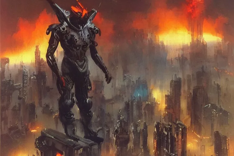 Image similar to a hero who makes things explode by looking at them standing in front of a burning city, concept art by Peter Andrew Jones