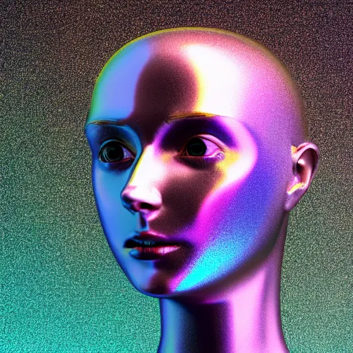 Image similar to 3d render of holographic human robotic head made of glossy iridescent, surrealistic 3d illustration of a human face non-binary, non binary model, 3d model human, cryengine, made of holographic texture, holographic material, holographic rainbow, concept of cyborg and artificial intelligence