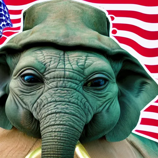 Image similar to elephant yoda patriot potus, modern art placed in a large living room, art designers magazine HD photo superrealism 3d 8k resolution