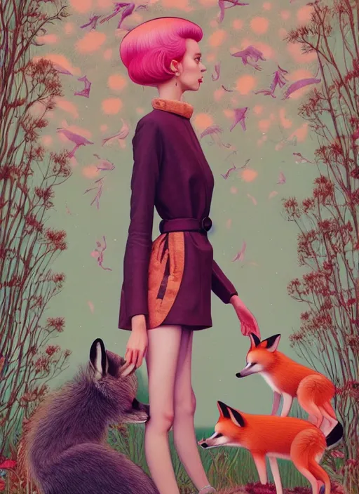 Image similar to pretty model with foxes : : by martine johanna and simon stalenhag and chie yoshii and casey weldon and wlop : : ornate, dynamic, particulate, rich colors, intricate, elegant, highly detailed, vogue, harper's bazaar art, fashion magazine, smooth, sharp focus, 8 k, octane render,