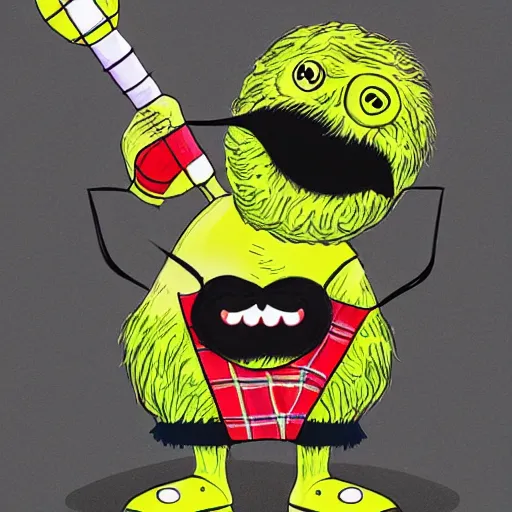 Prompt: a tennis ball monster wearing a scottish kilt, big mustache, scotland, bagpipes, digital art, fantasy, magic, chalk, trending on artstation, ultra detailed, professional illustration by basil gogos