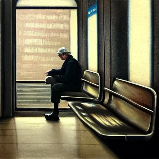 Prompt: a beautiful painting of a man sitting in a subway seat, rutkowski, realism, cinematic lighting