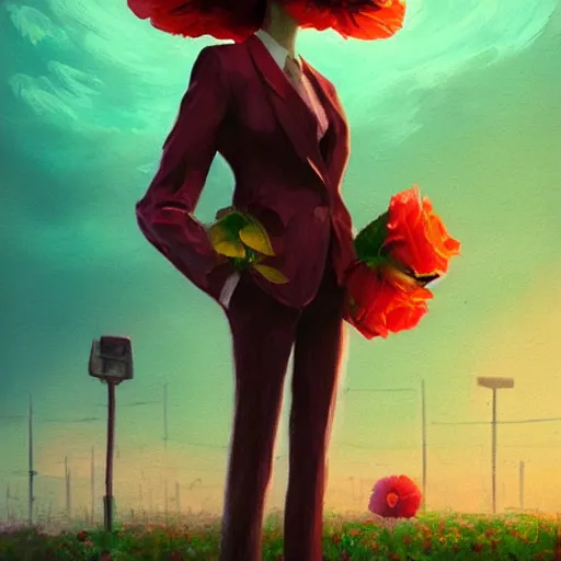 Image similar to closeup, giant rose flower head, frontal, girl with suit, surreal photography, sunrise, dramatic light, impressionist painting, digital painting, artstation, simon stalenhag