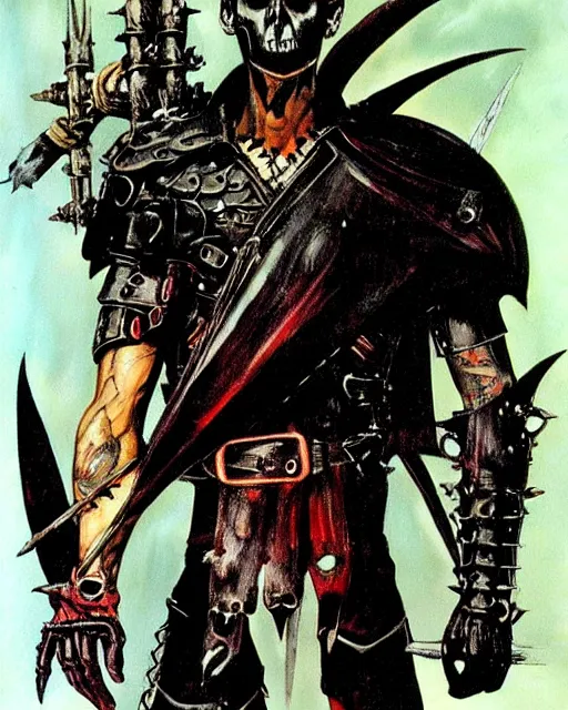 Image similar to portrait of a skinny punk goth tony todd wearing armor by simon bisley, john blance, frank frazetta, fantasy, thief warrior