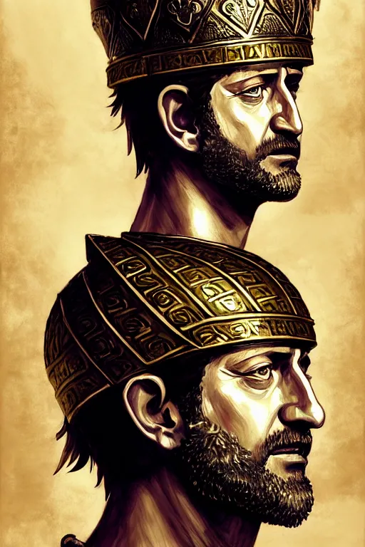 Image similar to portrait gerard butler as a greek king with a watermelon helmet, greek, intricate, headshot, key visual, conceptart, ambient lighting, highly detailed, digital painting, artstation, concept art, sharp focus, by makoto shinkai and akihiko yoshida and greg manchess