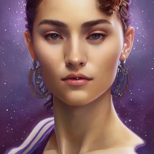 Image similar to Portrait of very very very very very very beautiful non-white woman, spacesuit, purple eyes, intricate, elegant, highly detailed, digital painting, artstation, concept art, smooth, sharp focus, illustration, art by artgerm and greg rutkowski and alphonse mucha