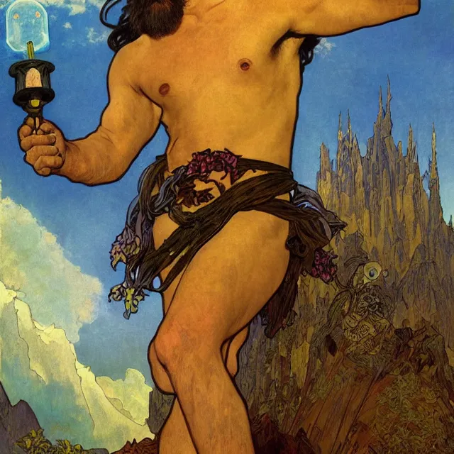 Image similar to an aesthetic! a detailed portrait of a man in a long beard, with a crown, holding a lantern with mountains of gold in the background, black birds flying overhead!! by frank frazetta and alphonse mucha, oil on canvas, art nouveau dungeons and dragons fantasy art, hd, god rays, ray tracing, crisp contour lines, huhd