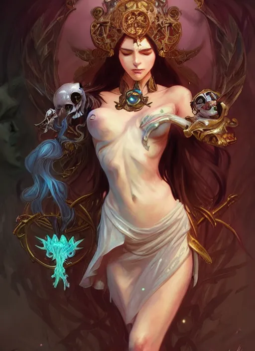 Image similar to summoner with a cute death elemental, fantasy, intricate, elegant, highly detailed, digital painting, artstation, concept art, wallpaper, smooth, sharp focus, illustration, art by artgerm and alphonse mucha