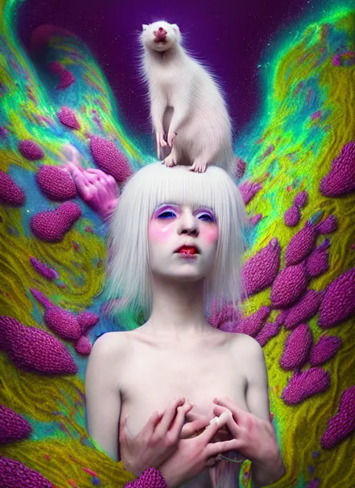 Image similar to hyper detailed 3d render like a Oil painting - kawaii portrait Aurora (white haired Singer Ferret) seen Eating of the Strangling network of yellowcake aerochrome and milky Fruit and Her delicate Hands hold of gossamer polyp blossoms bring iridescent fungal flowers whose spores black the foolish stars by Jacek Yerka, Mariusz Lewandowski, Houdini algorithmic generative render, Abstract brush strokes, Masterpiece, Edward Hopper and James Gilleard, Zdzislaw Beksinski, Mark Ryden, Wolfgang Lettl, hints of Yayoi Kasuma, octane render, 8k