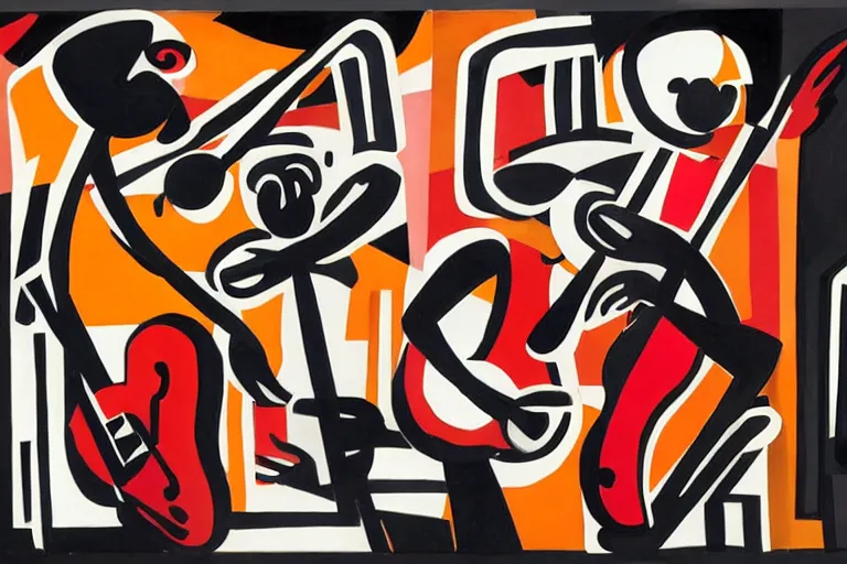 Image similar to four musicians playing with musical notes as abstract art in the style of Stuart Davis