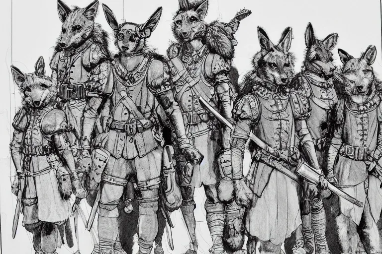 Image similar to pen and ink study of a group of furry soldiers with animal ears in a in a late renaissance city, key visual with intricate linework, in the stlye of kim jung gi and moebius