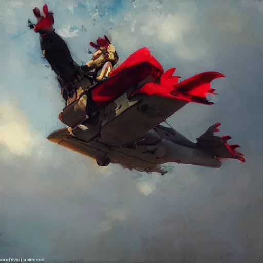 Image similar to rooster from top gun flying like superman, by Jeremy Mann, stylized, detailed, realistic, cool tones