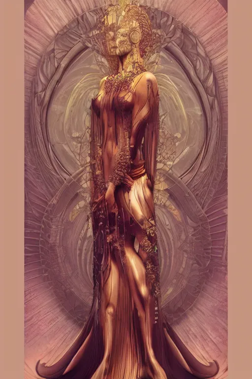 Image similar to a realistic moody photo of a beautiful ancient alien woman goddess kate moss durga standing in iris van herpen dress jewelery and fractals in style of alphonse mucha art nuvo dmt trending on artstation made in unreal engine 4