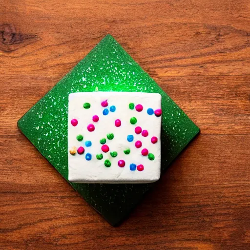 Image similar to photograph of a marshmallow cube with sprinkles and chocolate flakes on a dark wooden chopping board, light green pastel, hessian cloth, styled food photography, photorealistic, 4 k