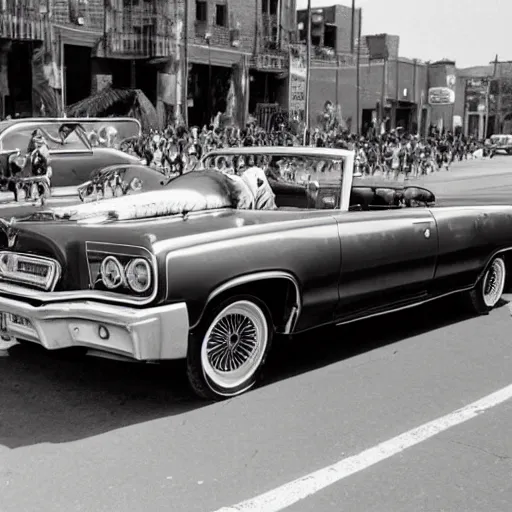 Prompt: wide angle panoramic photo of an indigenous cholo shaman dressed with a quetzalcoatl feathered serpent driving a convertible lowrider car in brooklyn in 1 9 7 0