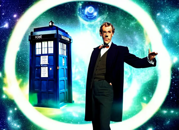 Image similar to product photo still of vhs cover of hugh laurie as doctor who in front of a nebula through the open door of the tardis on a vhs box