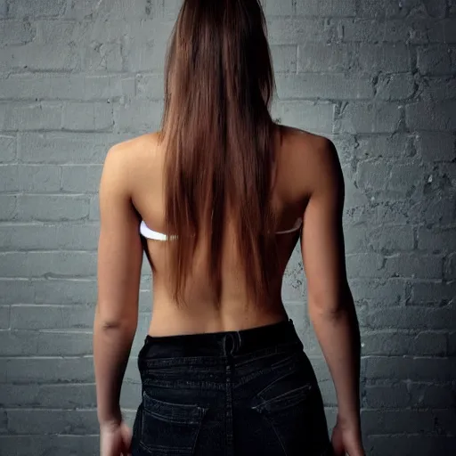 Image similar to muscular girl, long hair, tattooed back, photo