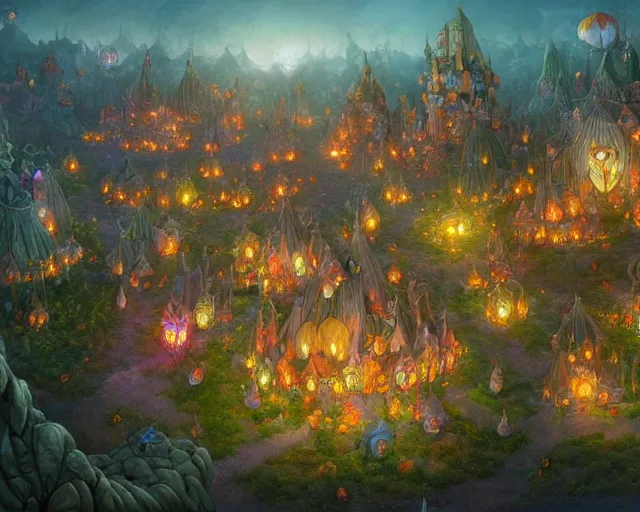 Image similar to fantasy clown village next to a balloon forest, aerial view, deep focus, d & d, fantasy, intricate, elegant, highly detailed, digital painting, artstation, concept art, matte, sharp focus, illustration, hearthstone, art by artgerm and greg rutkowski and laura sava and alphonse mucha