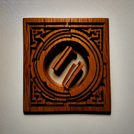 Image similar to intricate ting yang symbol carved from wood, photograph, studio lighting