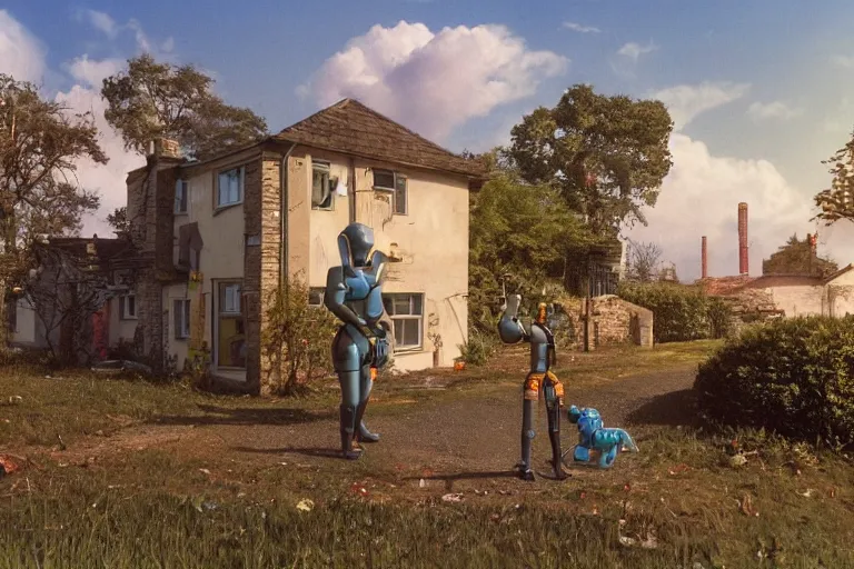 Prompt: cyberpunk, an estate agent listing external photo of a 5 bedroom detached house in the countryside, robots, sunny day, clear skies, by Paul Lehr, highly detailed, photorealistic, 8k, anamorphic, cinestill cinematrography