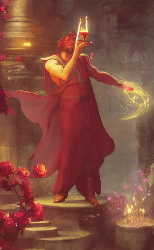 Image similar to a drunk wizard casting a rose petal bloom spell by raphael lacoste and adrian smith and delphin enjolras and daniel f. gerhartz