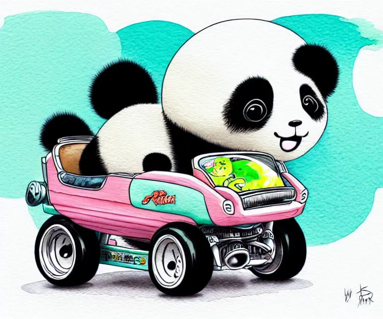 Image similar to cute and funny, panda bear wearing a helmet riding in a tiny hot rod with oversized engine, ratfink style by ed roth, centered award winning watercolor pen illustration, isometric illustration by chihiro iwasaki, edited by range murata, centered and focused