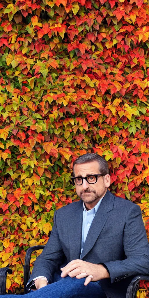 Image similar to Steve Carell is sitting relaxed on a sofa placed under colorful autumn tree
