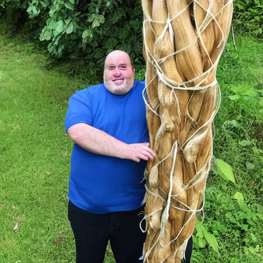 Image similar to a photo of a portly man with long hair holding a 1 0 m long yam