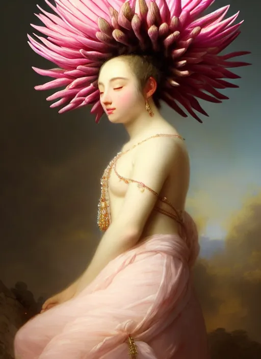 Image similar to stunning corean godess princess, detailed pink and white protea head peace against a black backdrop by ivan aivazovsky, wlop, super sharp details, photorealism, 5 0 mm lens, oil painting, beautiful soft lighting, muted colours, artstation