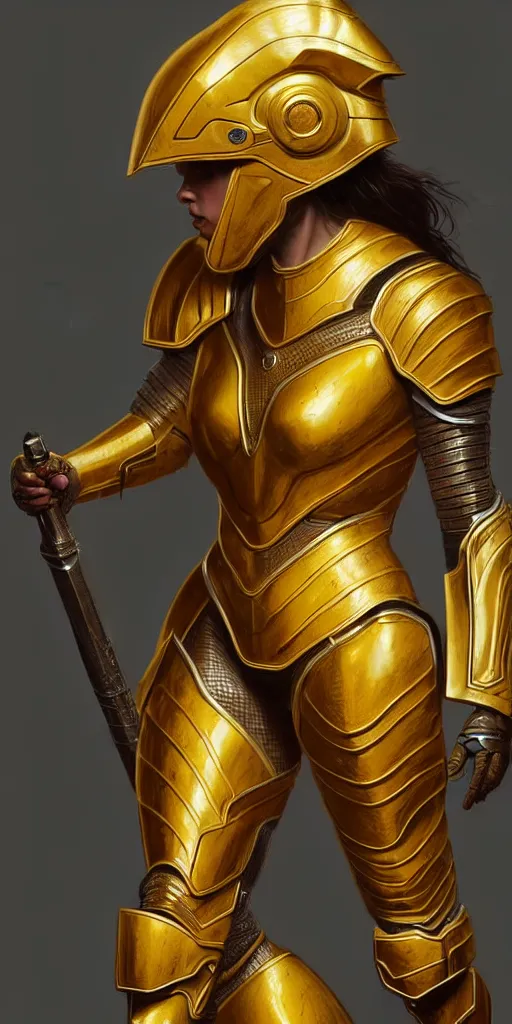 Image similar to professional digital art of a hyper realistic and highly detailed woman beautiful golden armor. accurate rending of one woman in armor. greg rutkowski, zabrocki, karlkka, jayison devadas, intricate, trending on artstation, 8 k, unreal engine 5, pincushion lens effect