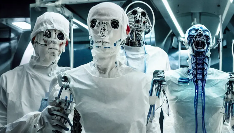 Image similar to big budget horror movie about cyborgs performing illegal organ transplants