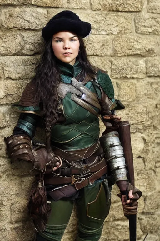 Prompt: fantasy character photo. female ranger. danielle campbell. facial expression of manic obsessive love. tall, lanky, athletic, wiry. brown dark forestgreen leather armor. little feathered hat, lightgreen, jauntily angled. black hair in ponytail. bright blue eyes. leaning against the exterior wall of a tavern