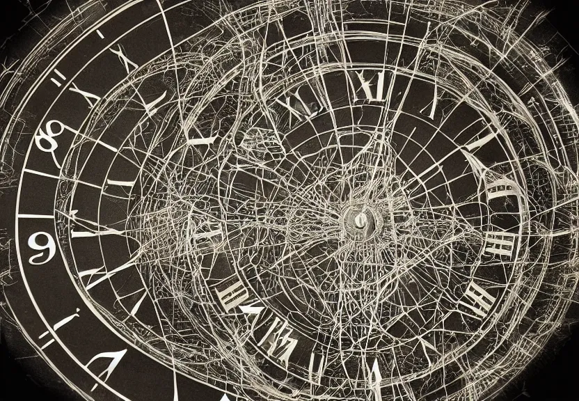 Image similar to a ultra realistic hyper realistic underexposed film photograph of an intricate multidimensional clock