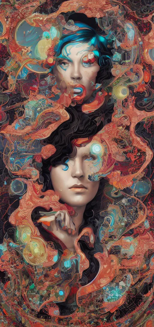 Image similar to tristan eaton, victo ngai, peter mohrbacher, artgerm portrait of a math fractal computer intelligence