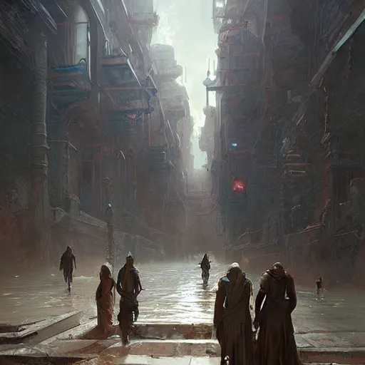 Image similar to walking along the street in ancient atlantis, by greg rutkowski