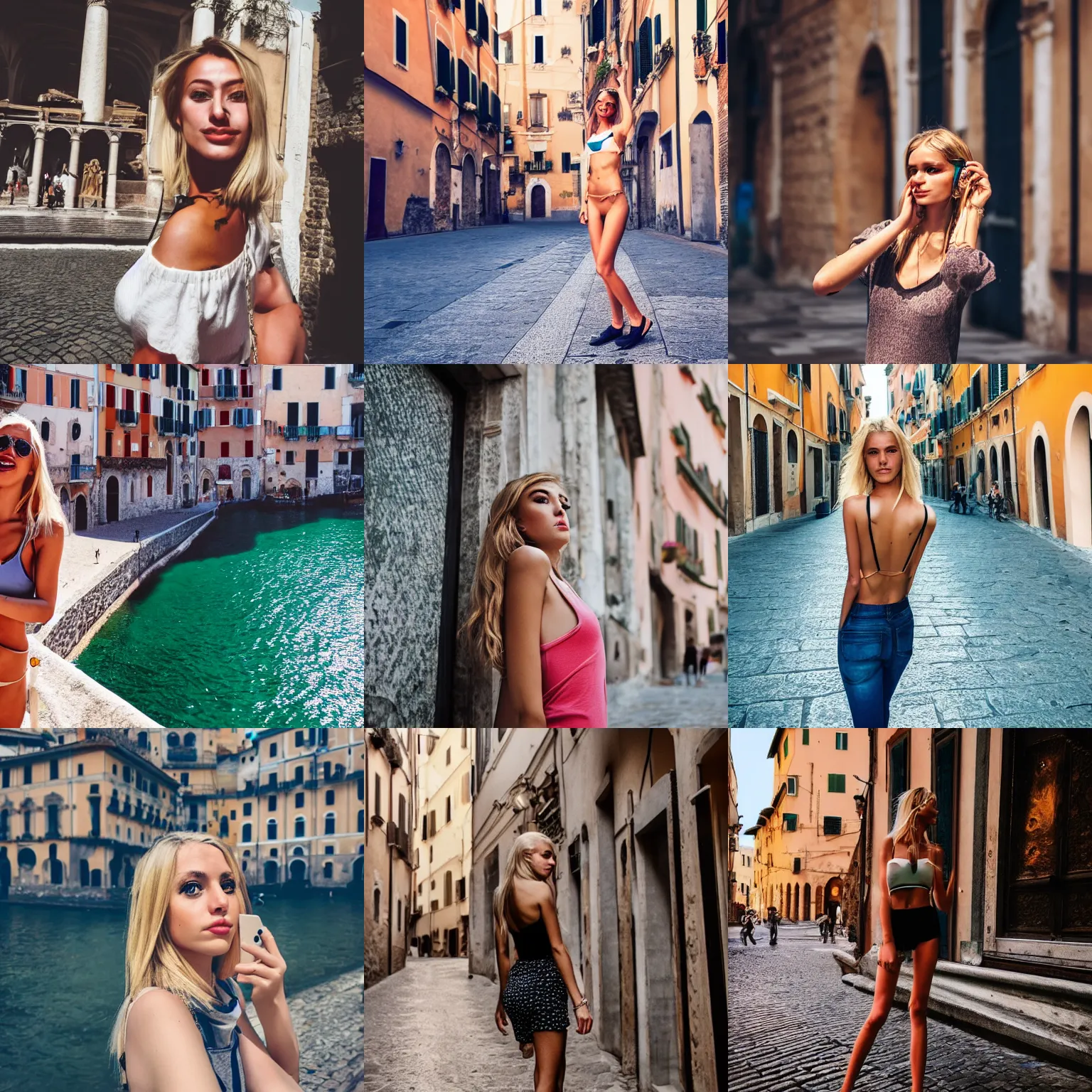 Prompt: italy travel selfie photography of young blonde skinny instagirl model, instagram, iphone, hyperdetail, 8 k, very detailed