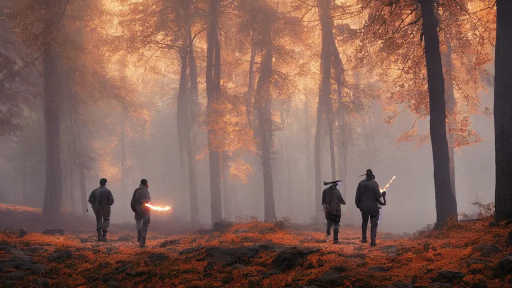 Image similar to beautiful render of several indigenous men walking holding torches, unreal engine, evening, smoke, sparks, torch, soft light, forest, fall, orange leaves, larches, early morning, fog, mist, by greg rutkowski, cgsociety