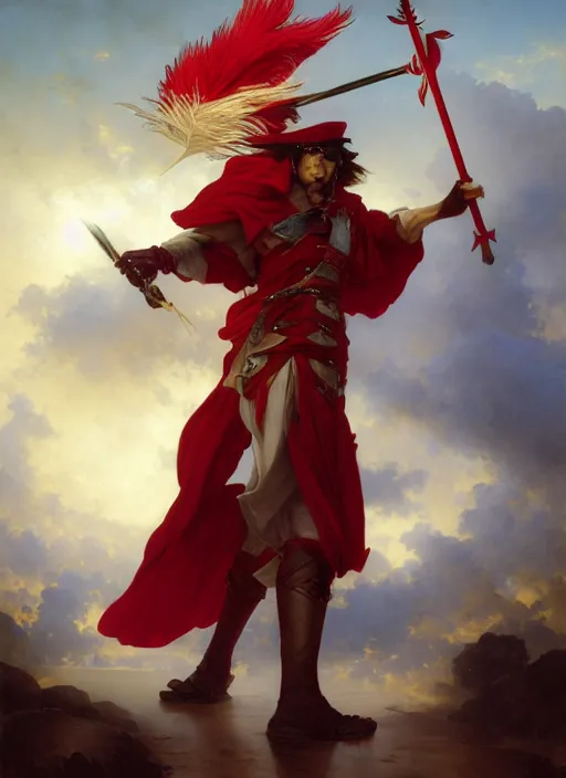 Prompt: Full View of a boisterous Red Mage wearing striped shining armor and a feathered hat holding a staff of power surrounded by an epic cloudscape. Magus. Red Wizard. Morpheus. masterpiece. 4k digital illustration. by Ruan Jia and Artgerm and Andreas Rocha and William-Adolphe Bouguereau and Edmund Blair Leighton. award winning, Artstation, intricate details, realistic, Hyperdetailed, 8k resolution. Concept Painting. Key Art