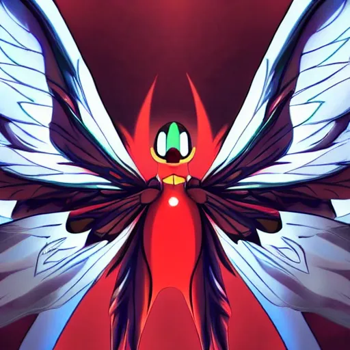 Prompt: 4K photo of mothman with giant wings , flawless anime cel animation by Manabu Oshashi and Satoshi Kon, professionally post-processed , beautiful, scary, symmetry accurate features, epic, octane rendered, anime masterpiece, accurate