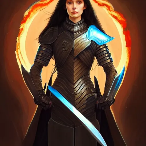 Image similar to portrait, woman dressed in plate armor with black hair and blue eyes wielding a greatsword, elegant, digital illustration, fire magic, detailed, intricate, sharp focus, digital painting, deep focus, digital painting, artstation, concept art, matte, art by artgerm and greg rutkowski and alphonse mucha