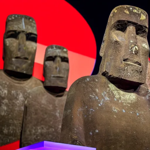 Prompt: photo of moai statue on stage at ted talk event