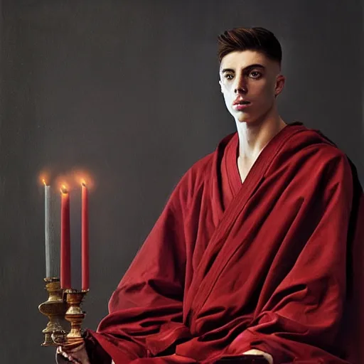 Image similar to attractive kai havertz wearing monk robes holding candlestick. natural lighting by ruan jia, portrait