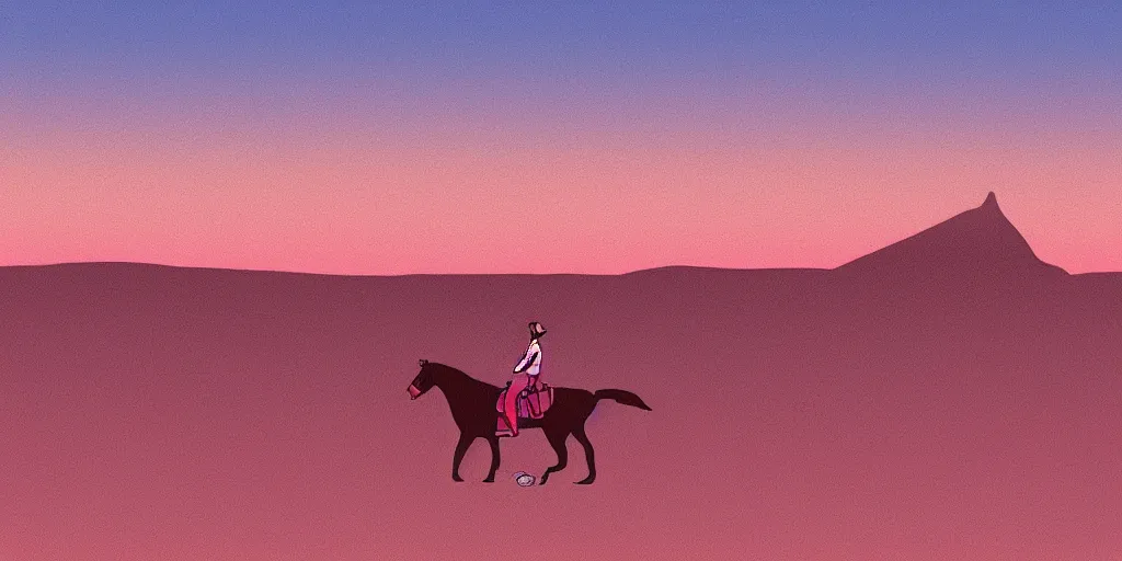 Prompt: i, cityscape view of a man riding a horse in a blue desert, pink sky, by Moebius