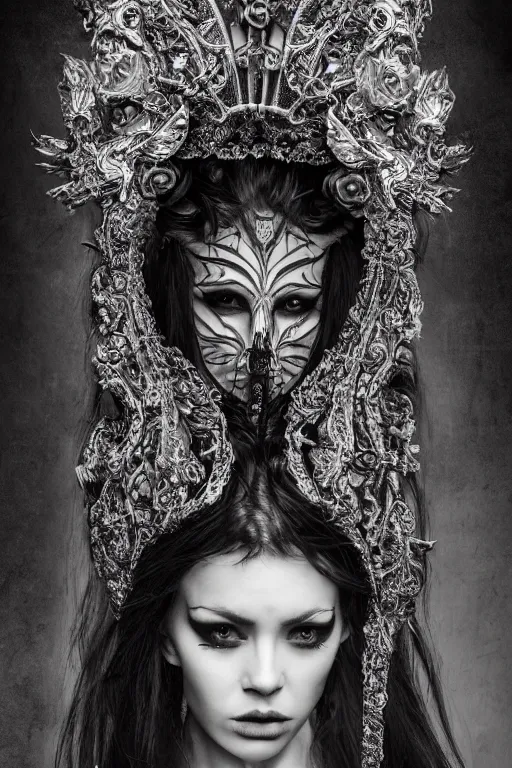 Image similar to a portrait of female model by stefan geselle and nekro borja, photorealistic, intricate details, hyper realistic, dark fantasy, ornate headpiece, dark beauty, photorealistic, canon r 3, photography, wide shot, photography, dark beauty, symmetrical features, wide angle shot, whole body, full body shot, 3 / 4 shot