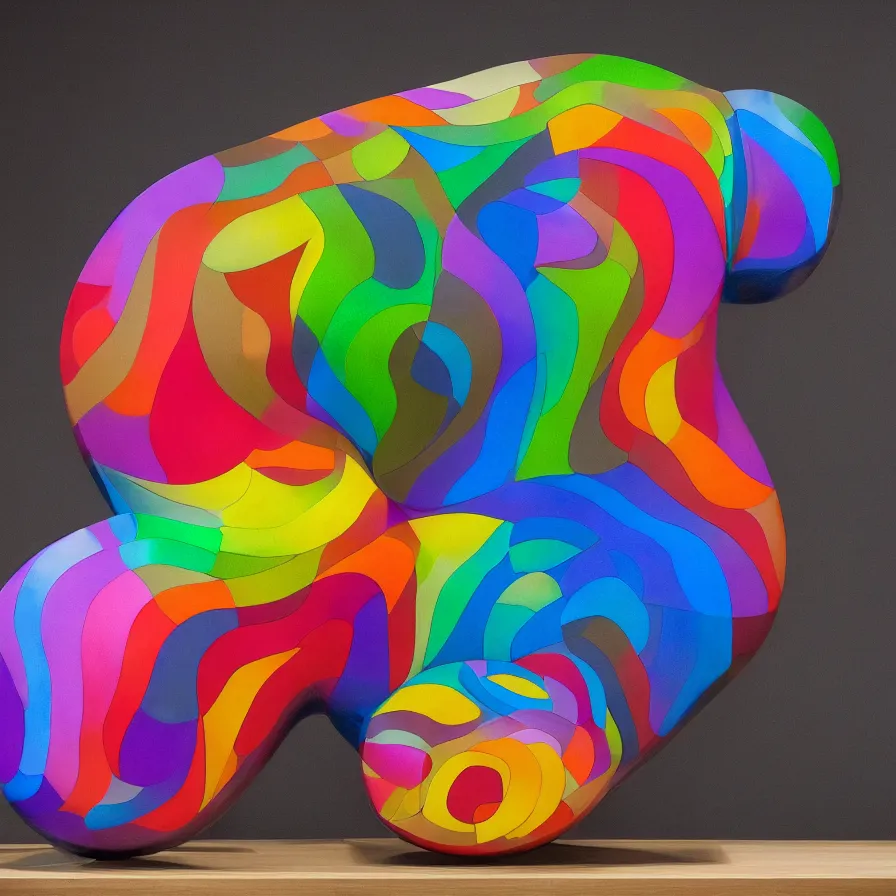 Image similar to beautiful gallery show studio photograph of a giant colorful ceramic sculpture of a chonky cat, glazed by bridget riley and victor vasarely, placed on a polished wooden table, hyperrealism 8 k trending on artstation