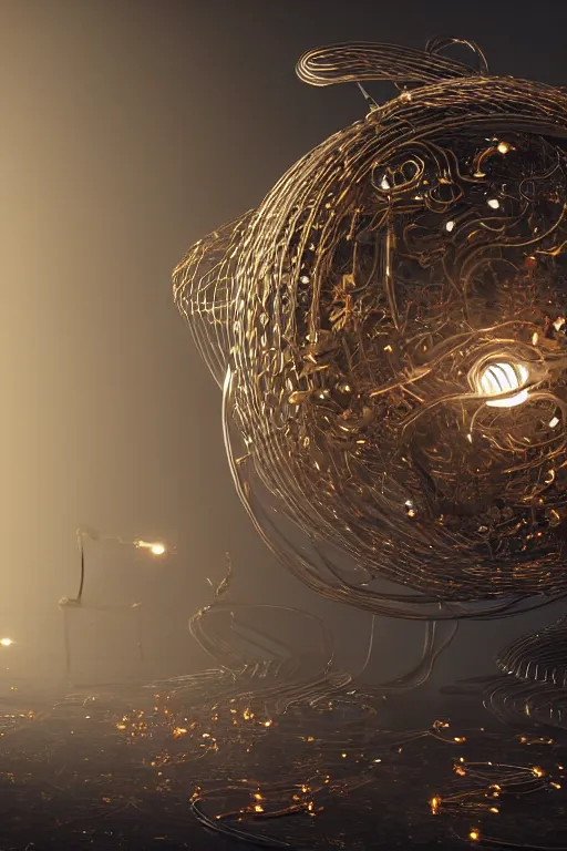 Image similar to an immaculate render of a metallic spiral made of old modular robot parts spawning cables and bird wings floating in a temple surrounded by glowing orbs made from chrome and incense smoke on a solid black background, powerful, cinematic, beautifully lit, by craig mullins, by galan pang, 3 d, trending on artstation, octane render, 8 k