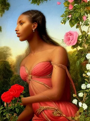 Image similar to jasmine tookes, the goddess of love : : background of roses, myrtle, doves : : rococo, academicism, hyperreal