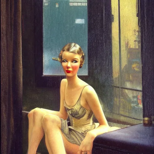 Prompt: oil painting of realistic woman, 1 9 3 0 s decopunk penthouse pleasure factory, rain and smoke, dramatic lighting, tech noir, wet skin, atmospheric, ambient, rupert everton, wlop, george tooker, gil elvgren, grant wood, alexis flower, hopper, mucha, whistler, norman rockwell, peter max, livia prima,